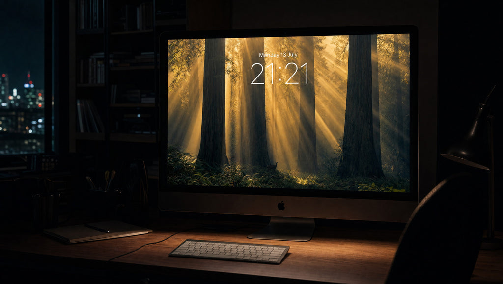 God Rays wallpaper on a 27-inch display in a dark studio office at night