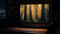 God Rays wallpaper on a 27-inch display in a dark studio office at night