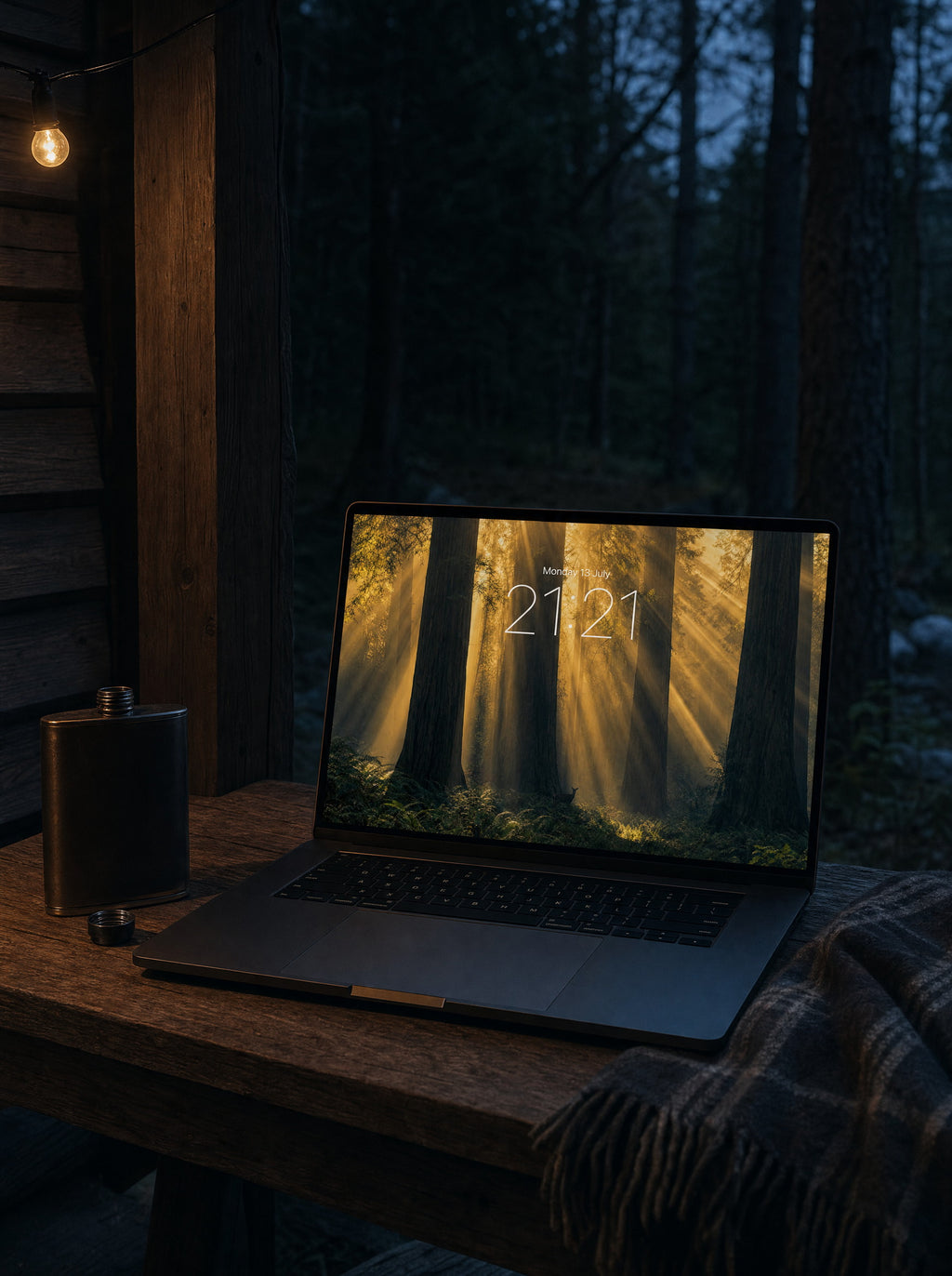 God Rays wallpaper on a MacBook Pro on a forest cabin porch at dusk