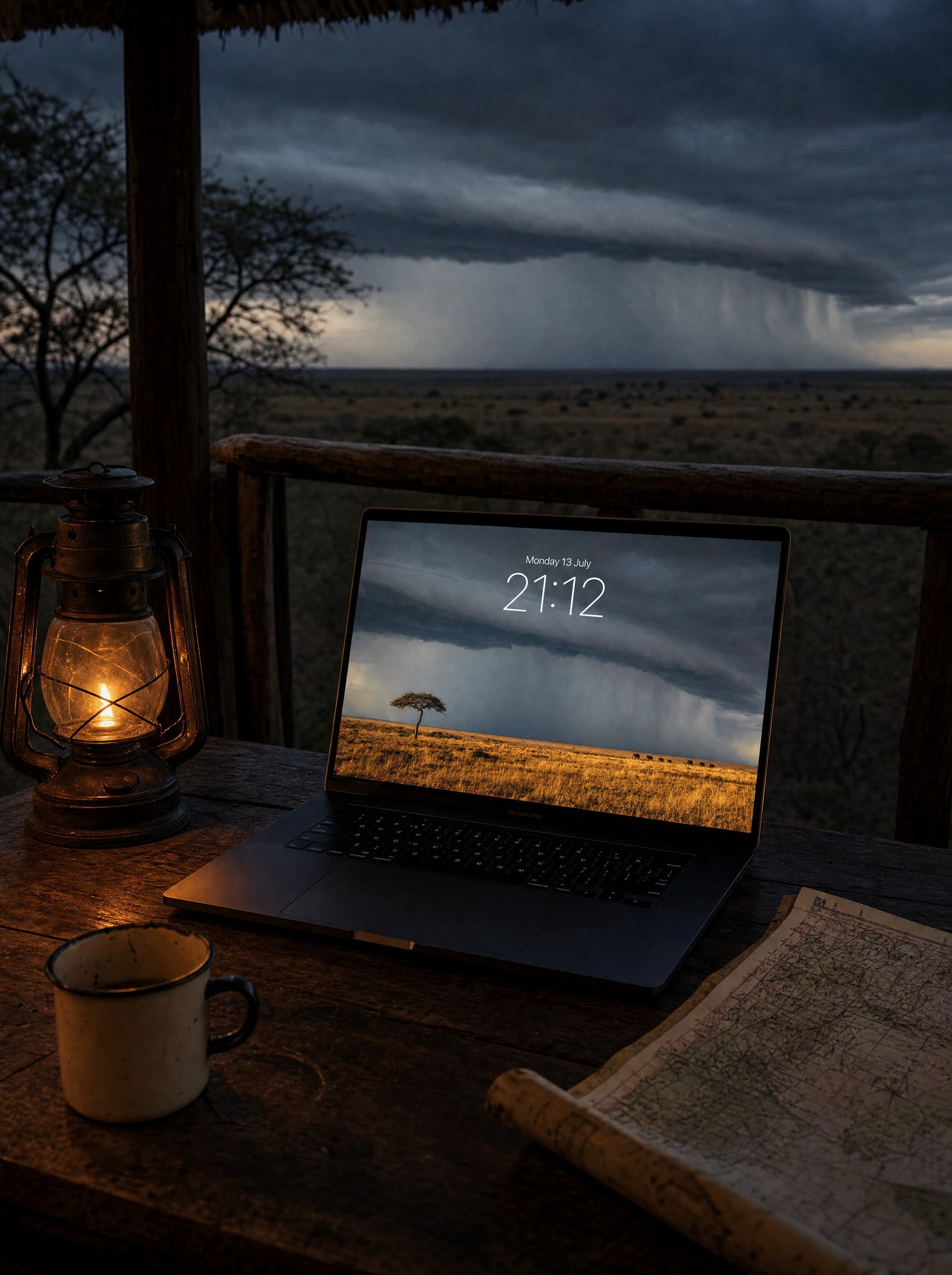 The Coming Rain wallpaper on a MacBook Pro, safari-lodge veranda at dusk