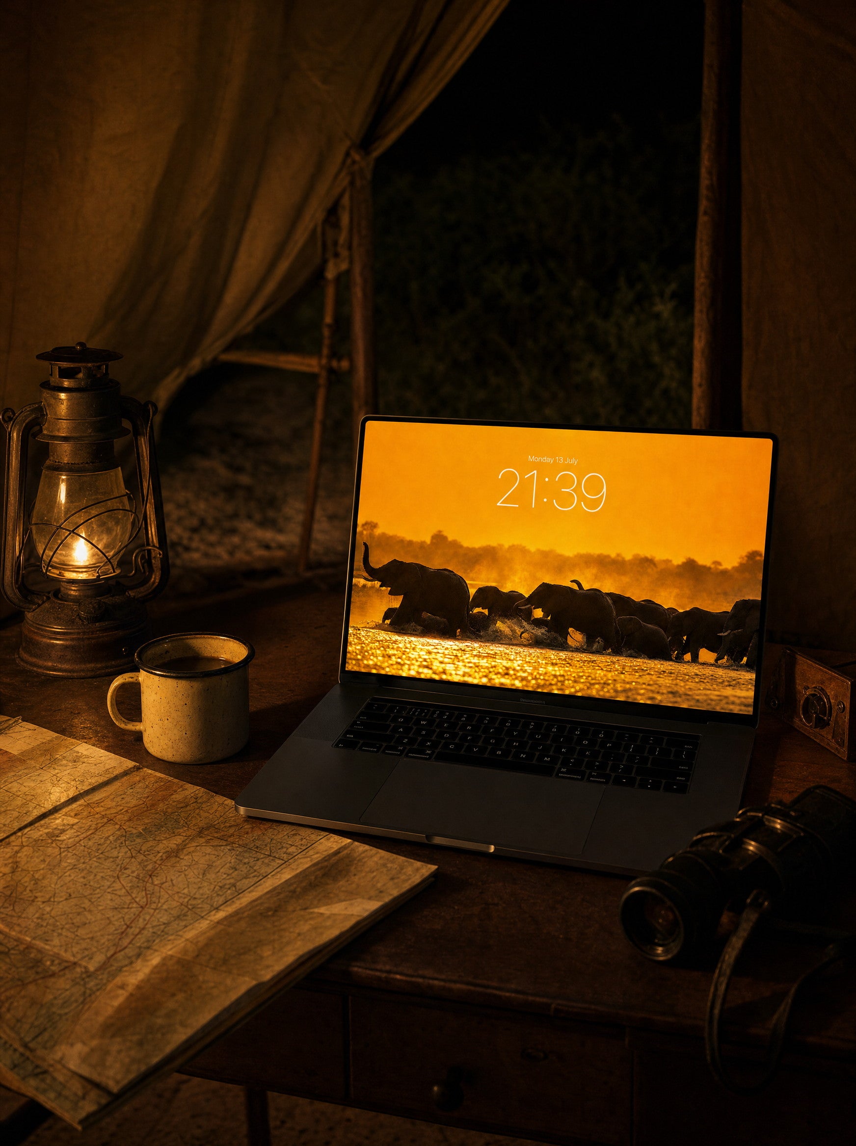 The Crossing wallpaper on a MacBook Pro lock screen in a lamp-lit safari tent study at night