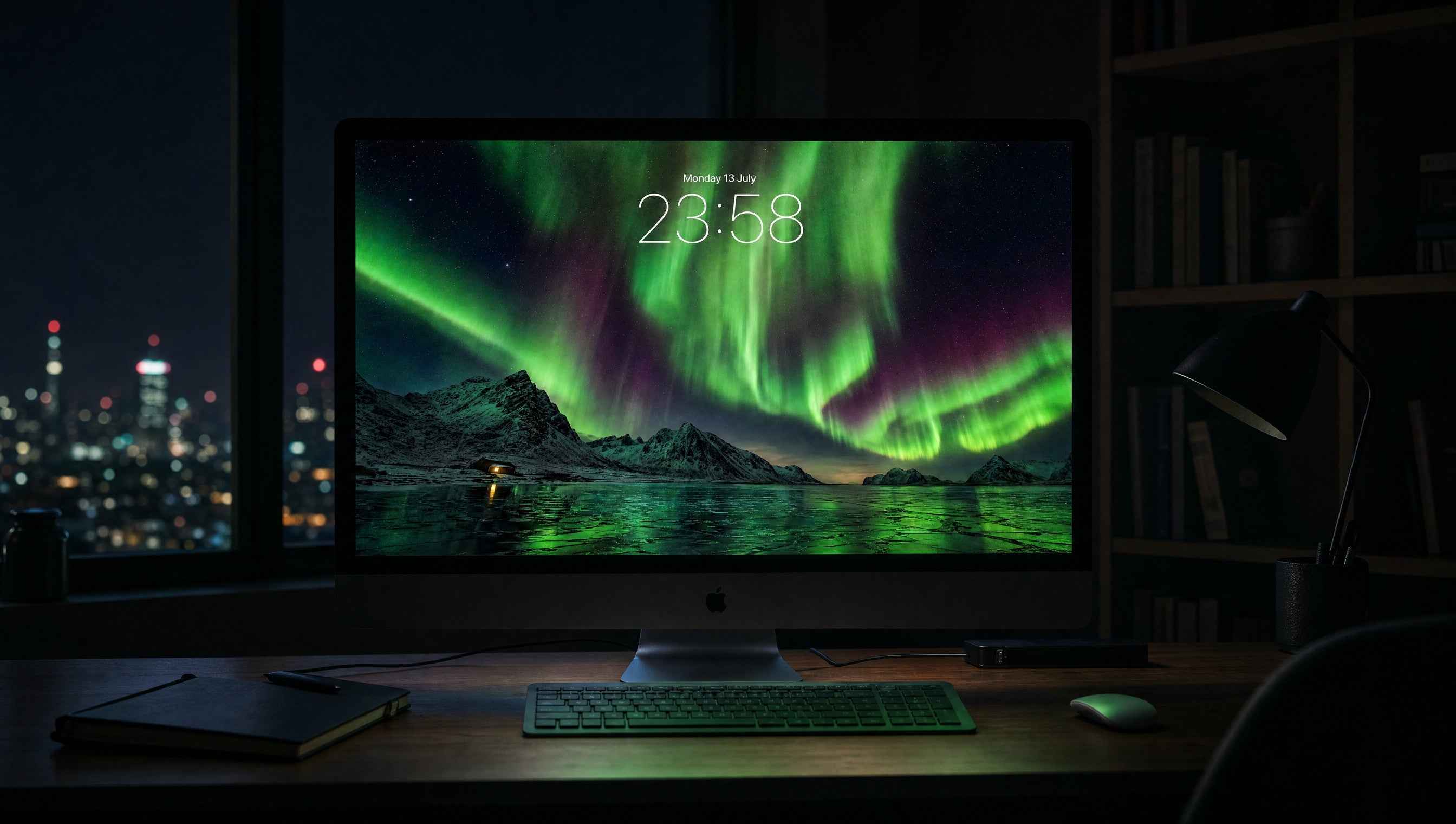 The Green Curtain wallpaper on a 27-inch display in a darkened studio office at night