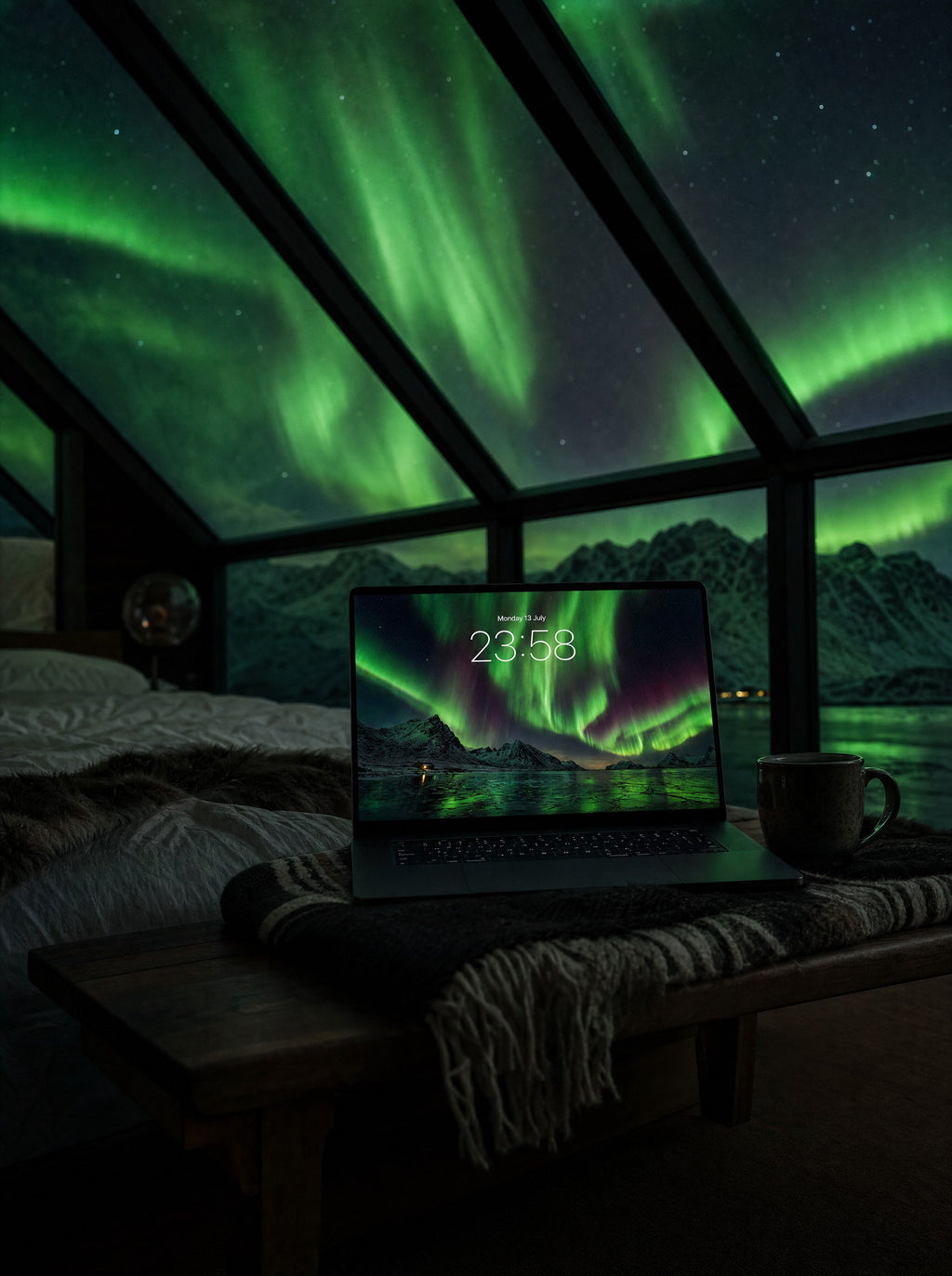 The Green Curtain wallpaper on a MacBook Pro in a glass-roofed aurora cabin at night