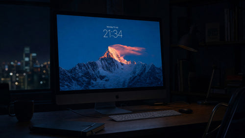 Alpenglow wallpaper on a 27-inch display in a darkened studio office at night