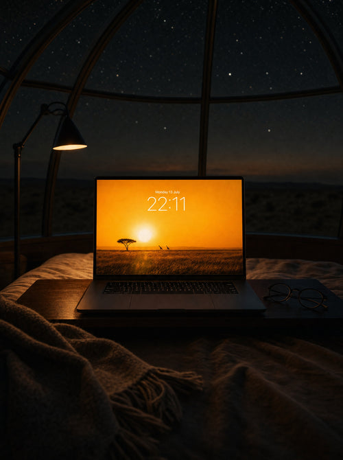 Amber Plains wallpaper on a MacBook Pro lock screen in a stargazer dome bedroom under a night sky
