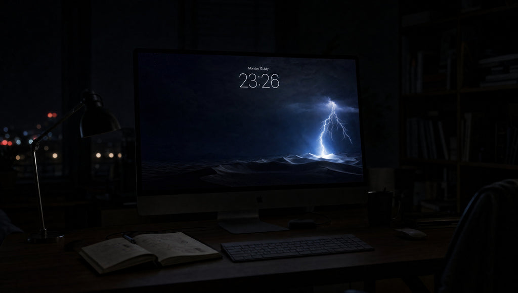 Desert Static wallpaper on a large display in a dark studio office at night