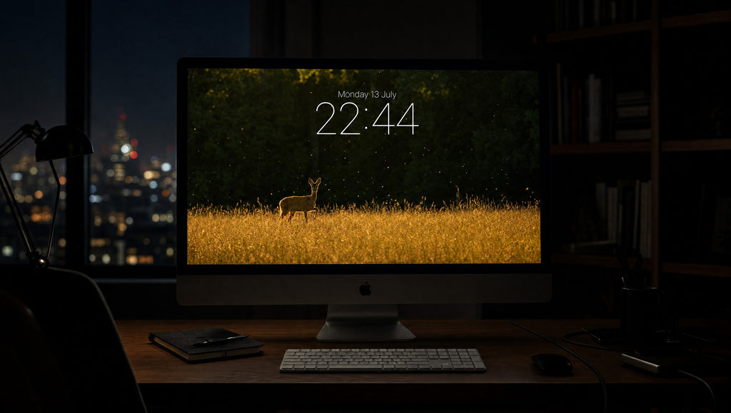 The Clearing wallpaper on a 27-inch display in a dark studio office at night