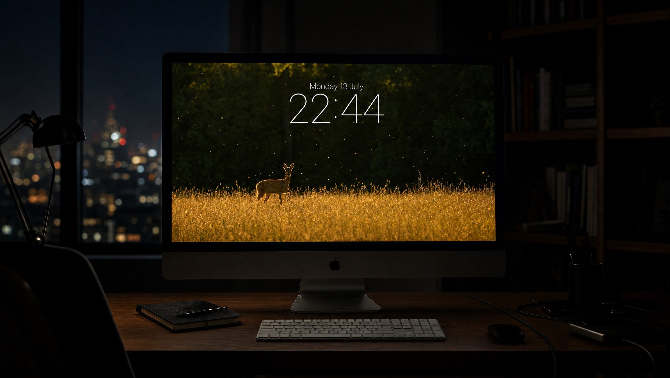 The Clearing wallpaper on a 27-inch display in a dark studio office at night