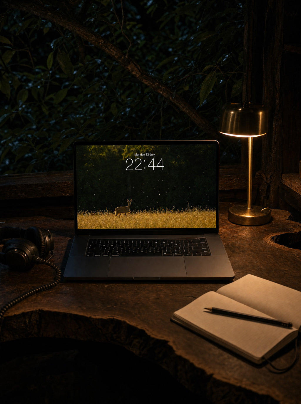 The Clearing wallpaper on a MacBook Pro in a treehouse office at night