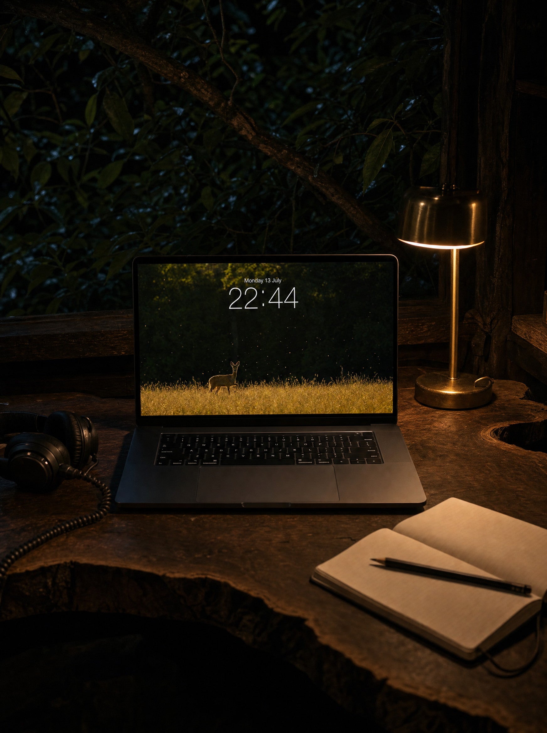 The Clearing wallpaper on a MacBook Pro in a treehouse office at night