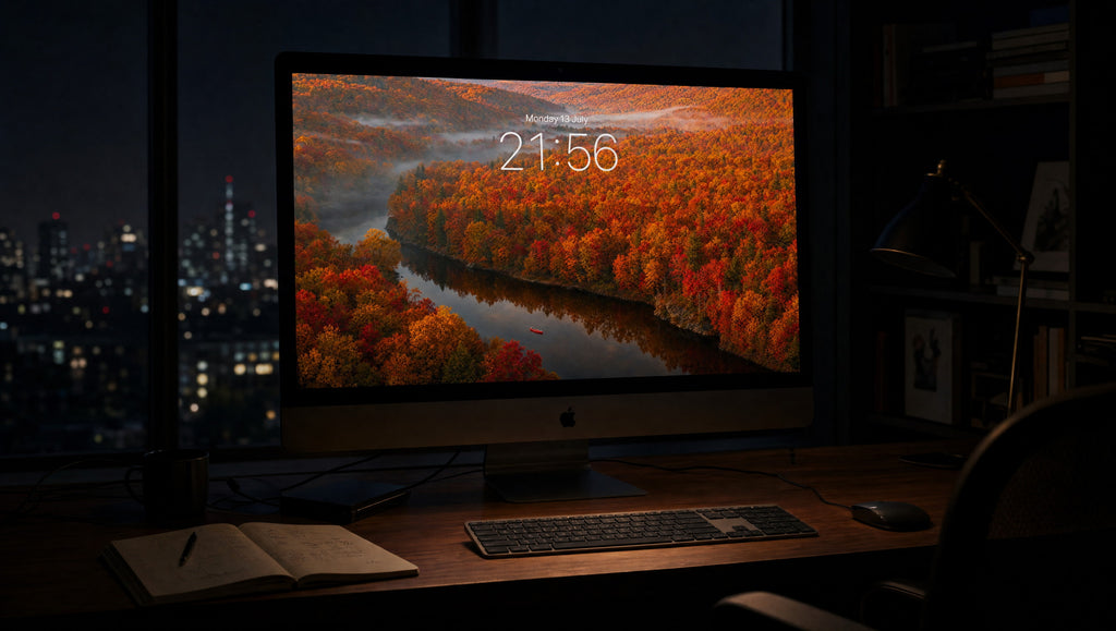 Autumn Burn wallpaper on a 27-inch display in a dark studio office at night