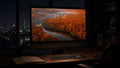 Autumn Burn wallpaper on a 27-inch display in a dark studio office at night