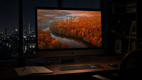 Autumn Burn wallpaper on a 27-inch display in a dark studio office at night