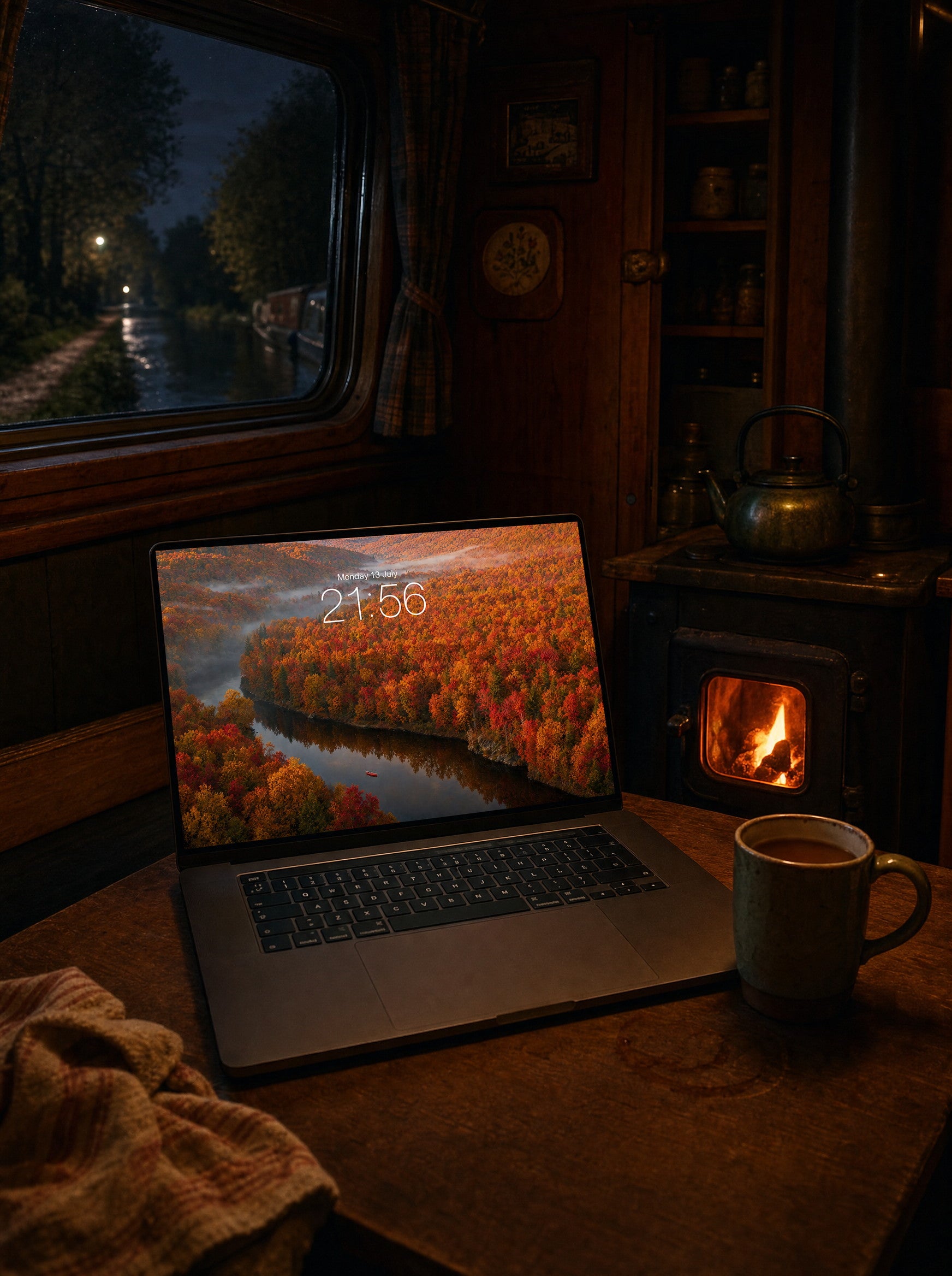 Autumn Burn wallpaper on a MacBook Pro in a canal-boat cabin at night