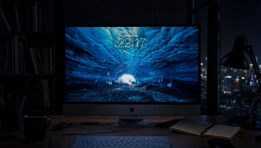 The Blue Cave wallpaper on a 27-inch display in a darkened studio office at night