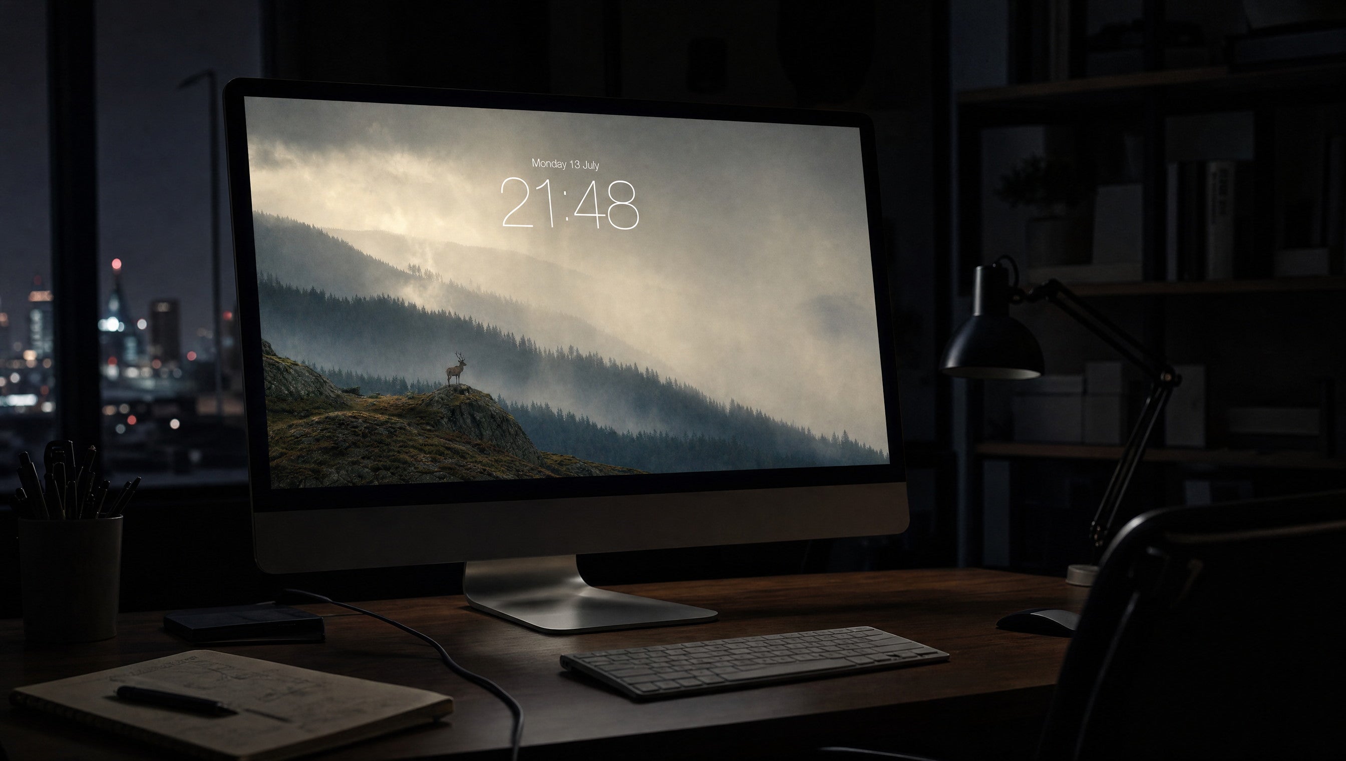 The Squall Line wallpaper on a large display in a dark studio office at night