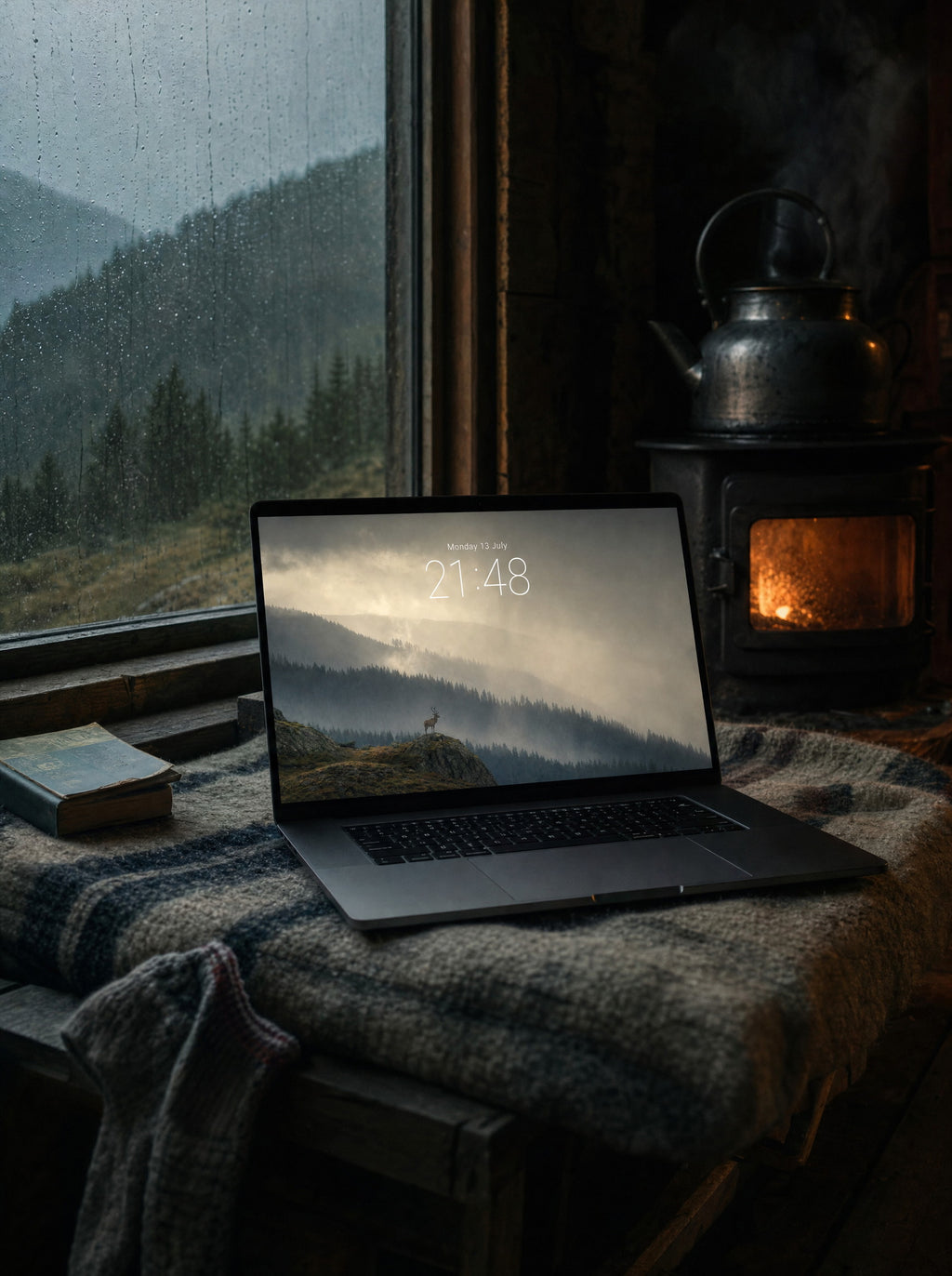 The Squall Line wallpaper on a MacBook Pro, mountain bothy window seat in fading light