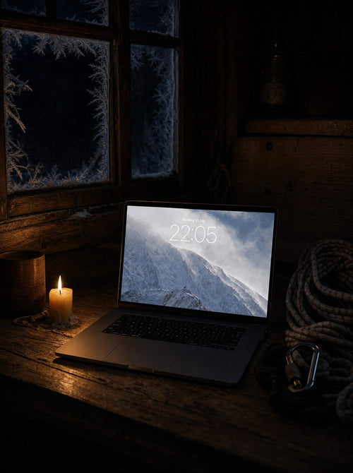 After the Whiteout wallpaper on a MacBook Pro, candle-lit alpine refuge at night