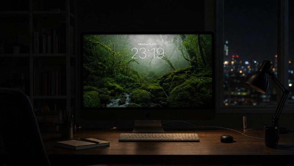 Moss Kingdom wallpaper on a 27-inch display in a dark studio office at night