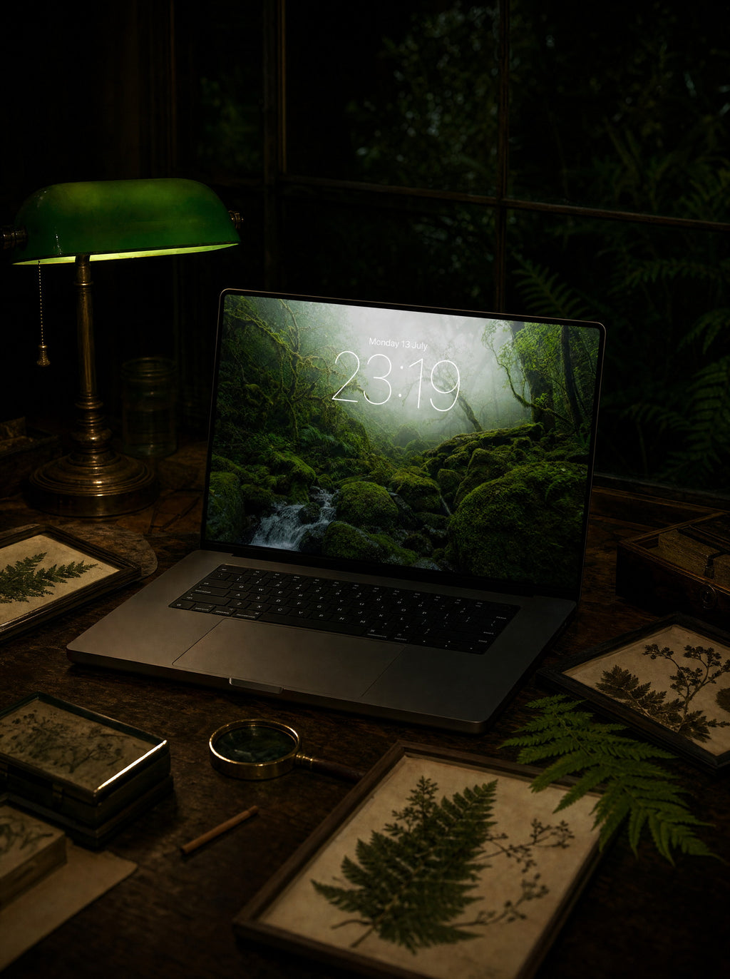 Moss Kingdom wallpaper on a MacBook Pro in a botanist hut at night