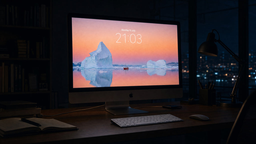 Silent Harbour wallpaper on a 27-inch display in a darkened studio office at night