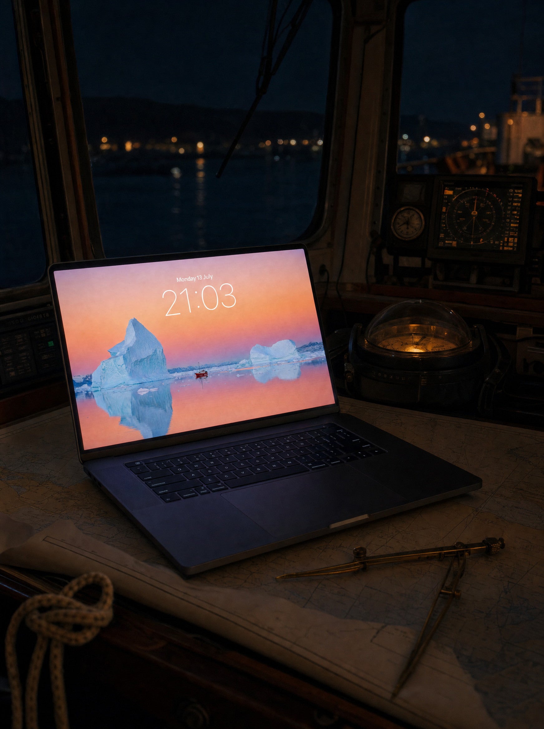 Silent Harbour wallpaper on a MacBook Pro in a boat wheelhouse at night