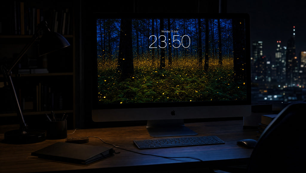 The Lantern Grove wallpaper on a 27-inch display in a dark studio office at night