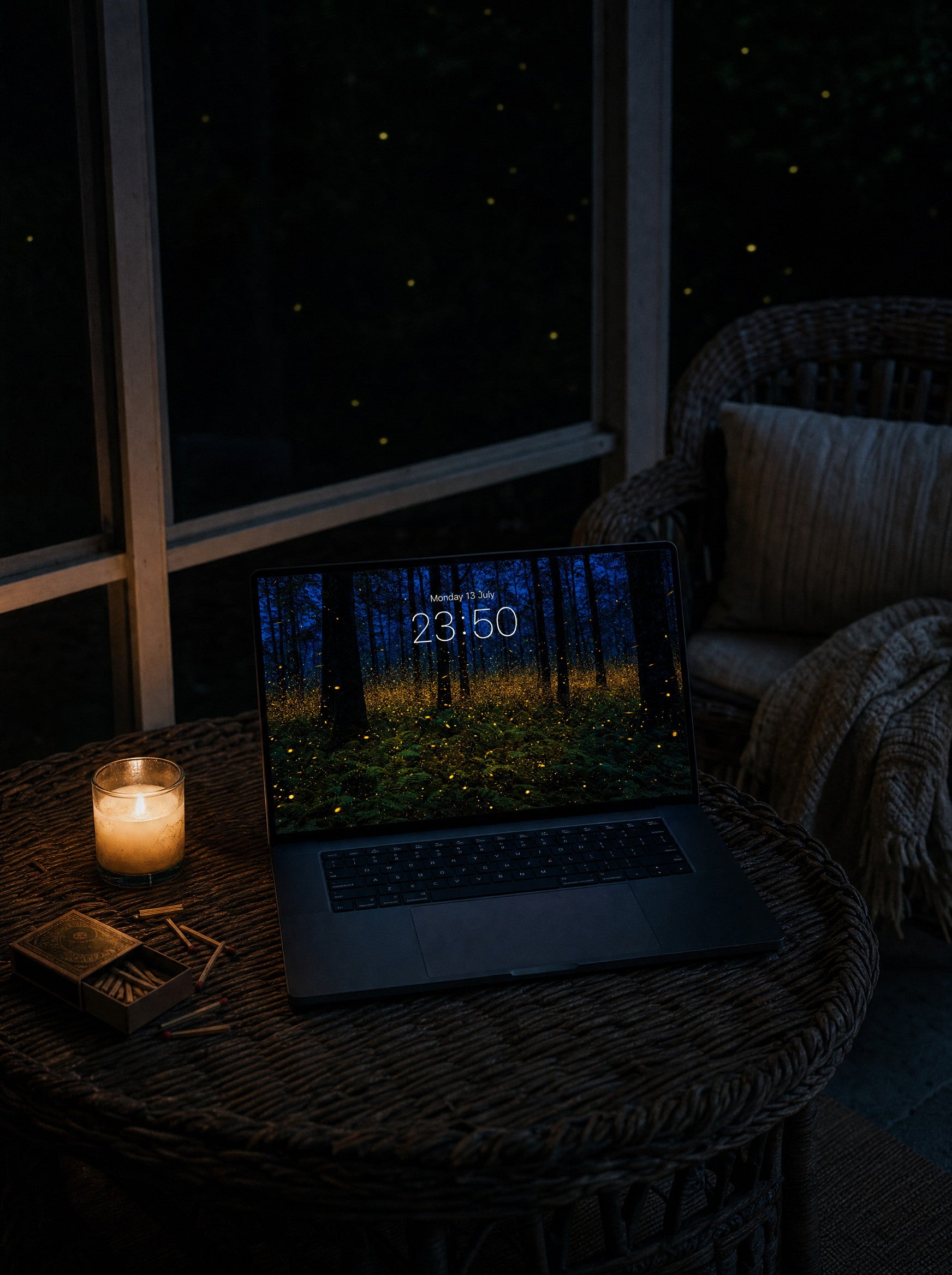 The Lantern Grove wallpaper on a MacBook Pro on a screened summer porch at night