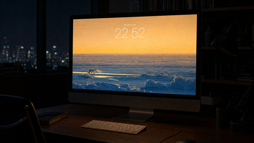 The Last Light wallpaper on a 27-inch display in a darkened studio office at night