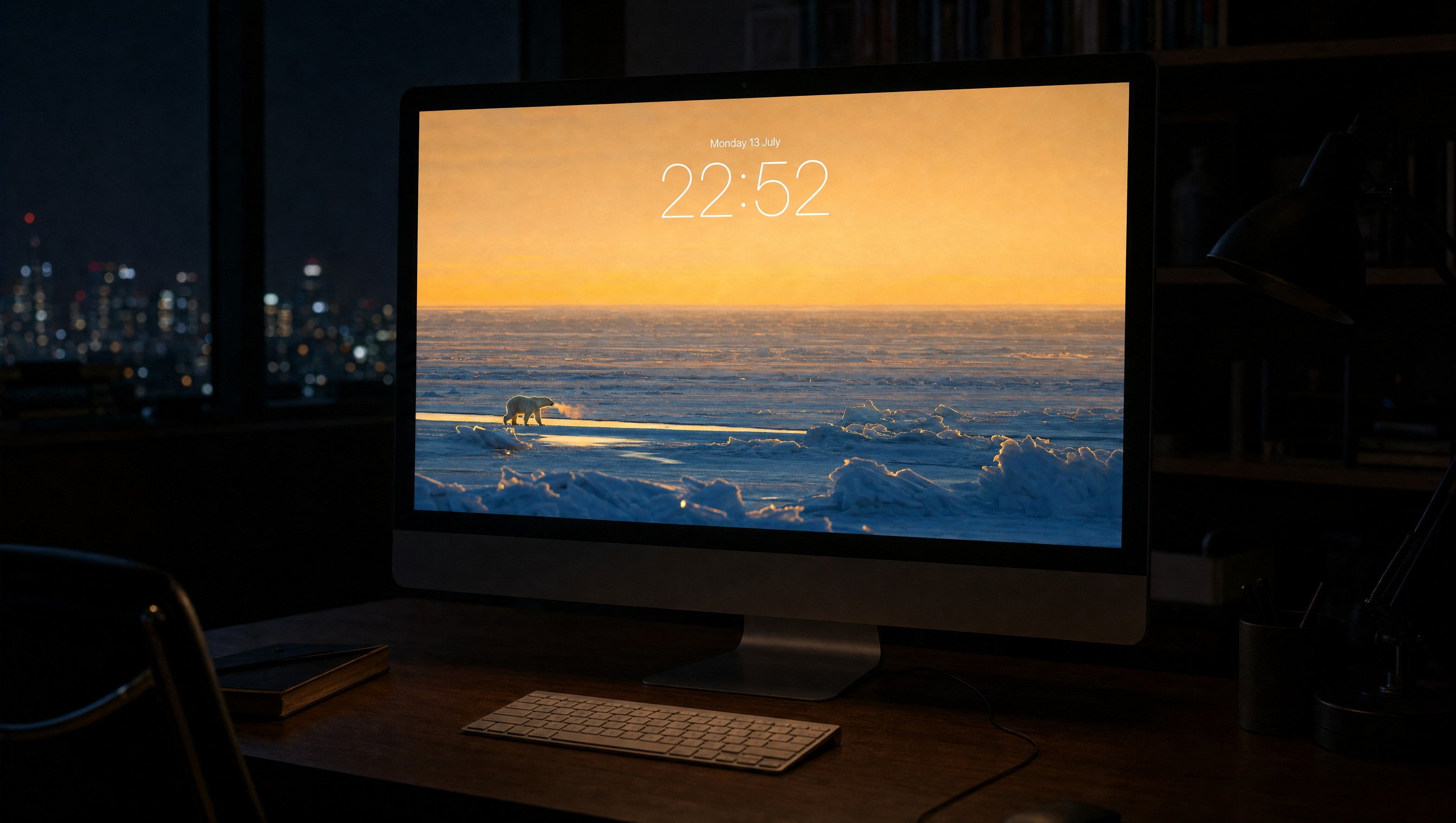 The Last Light wallpaper on a 27-inch display in a darkened studio office at night