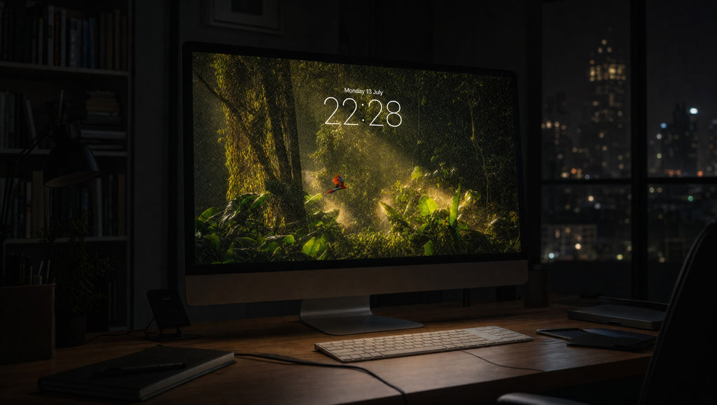 Canopy Rain wallpaper on a 27-inch display in a dark studio office at night