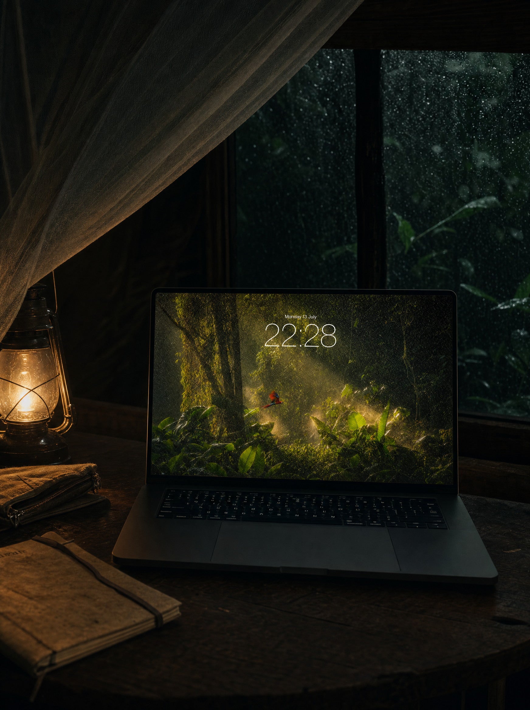 Canopy Rain wallpaper on a MacBook Pro at a jungle-lodge desk under a mosquito net