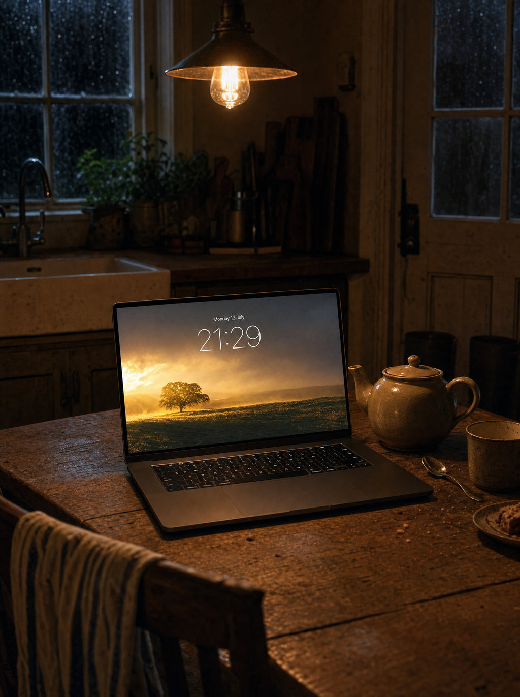First Light After wallpaper on a MacBook Pro, farmhouse kitchen before dawn