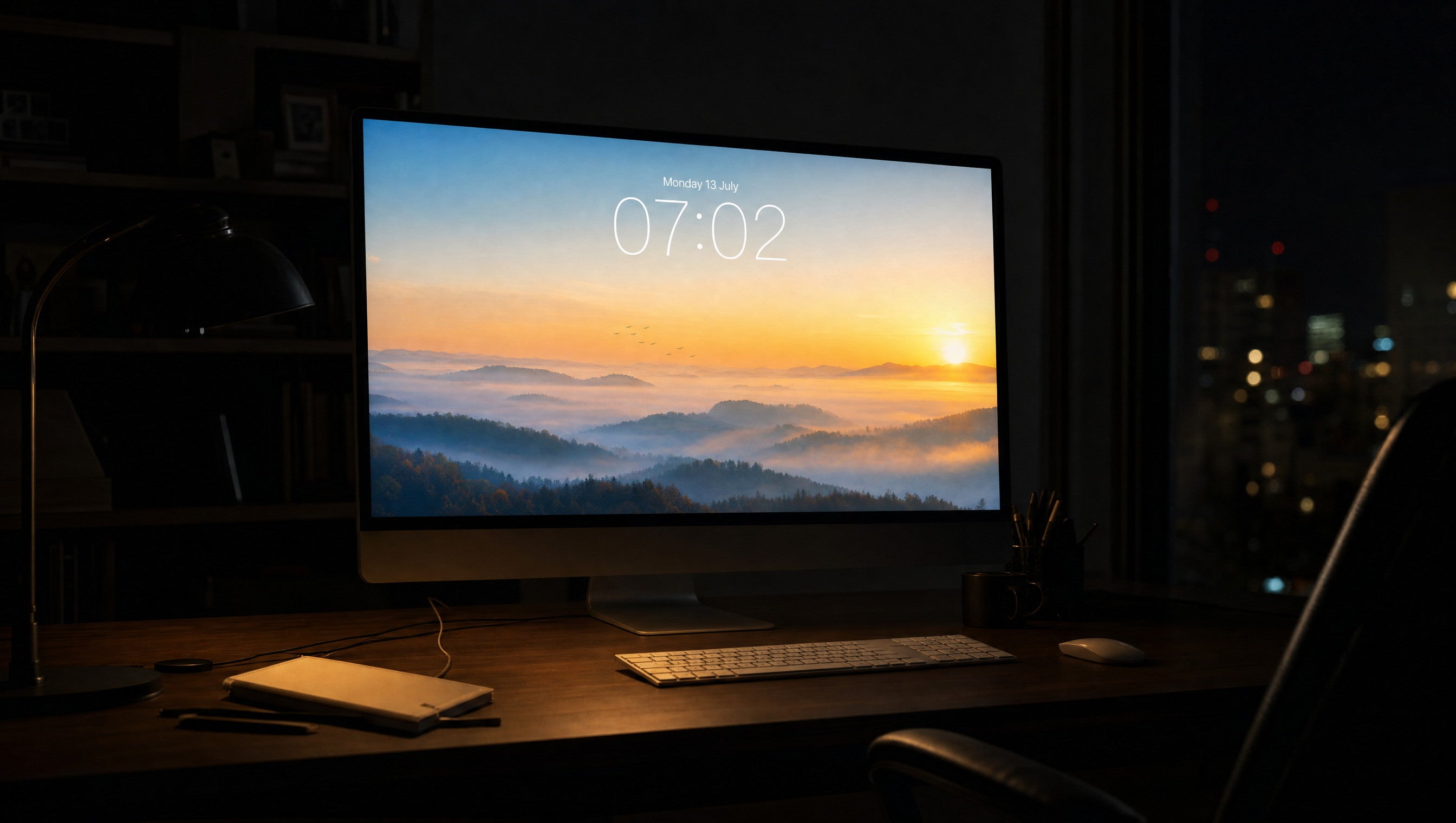 Daybreak free wallpaper on a large display in a dark studio office at dawn