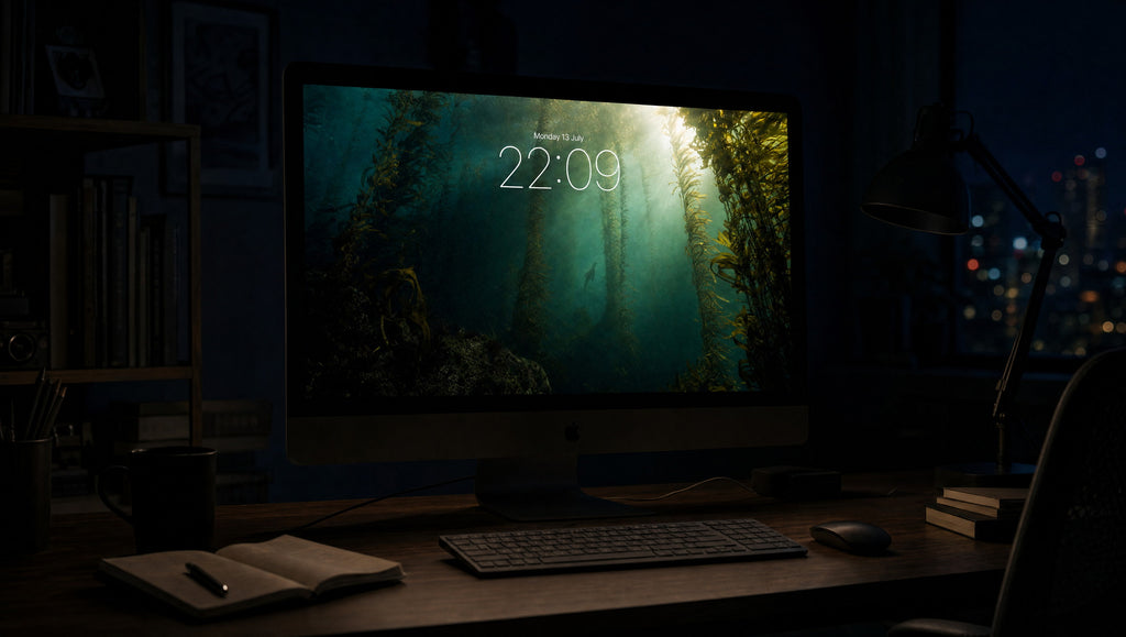Kelp Cathedral wallpaper on a large display in a dark studio office at night