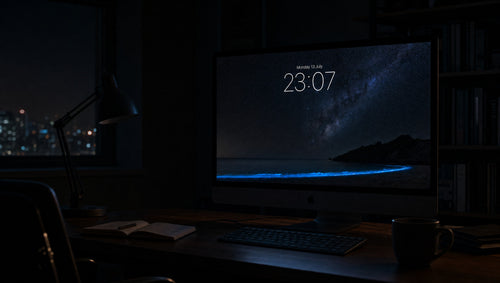 Lantern Sea wallpaper on a large display in a dark studio office at night