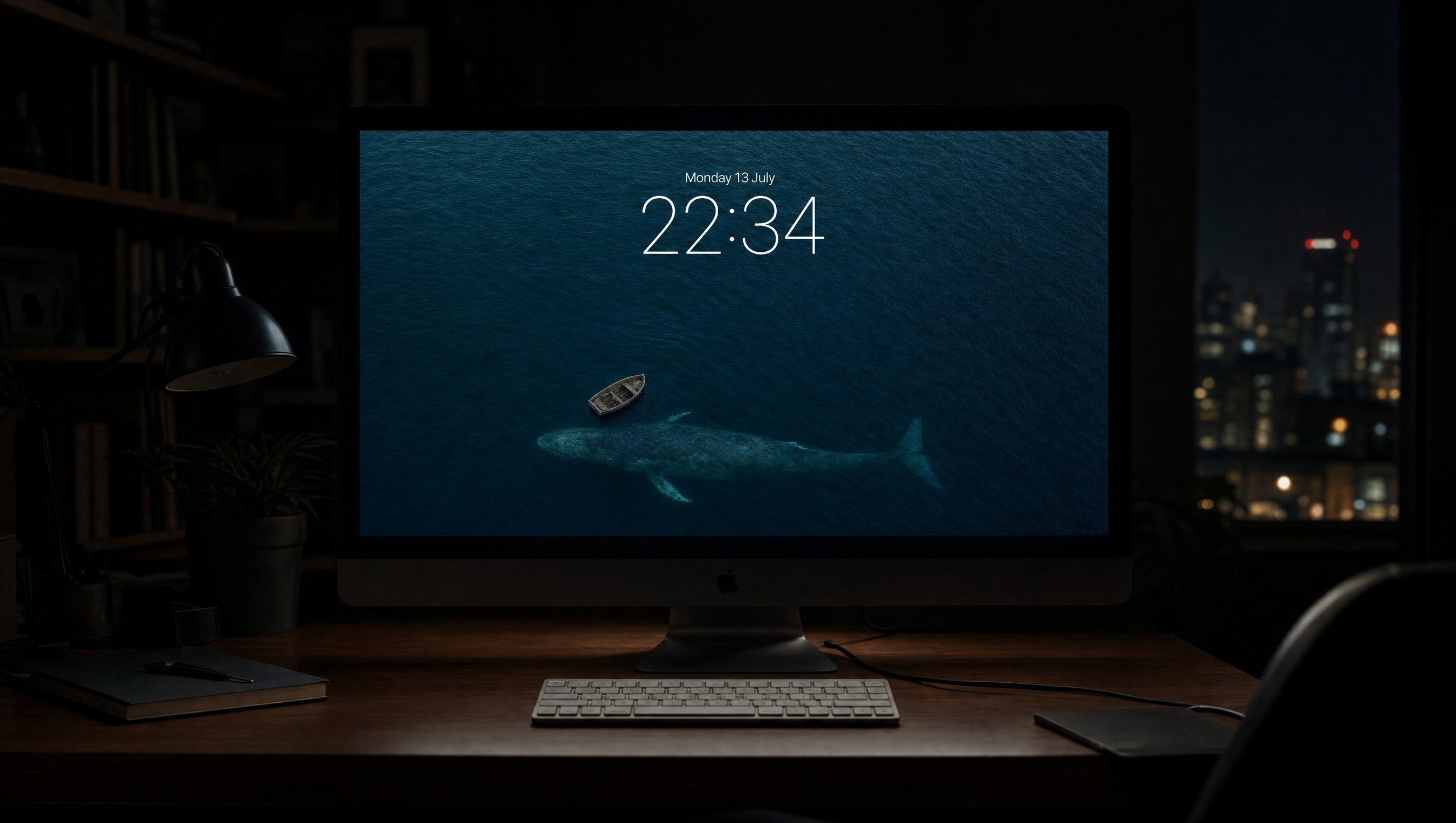 The Rowboat wallpaper on a large display in a dark studio office at night