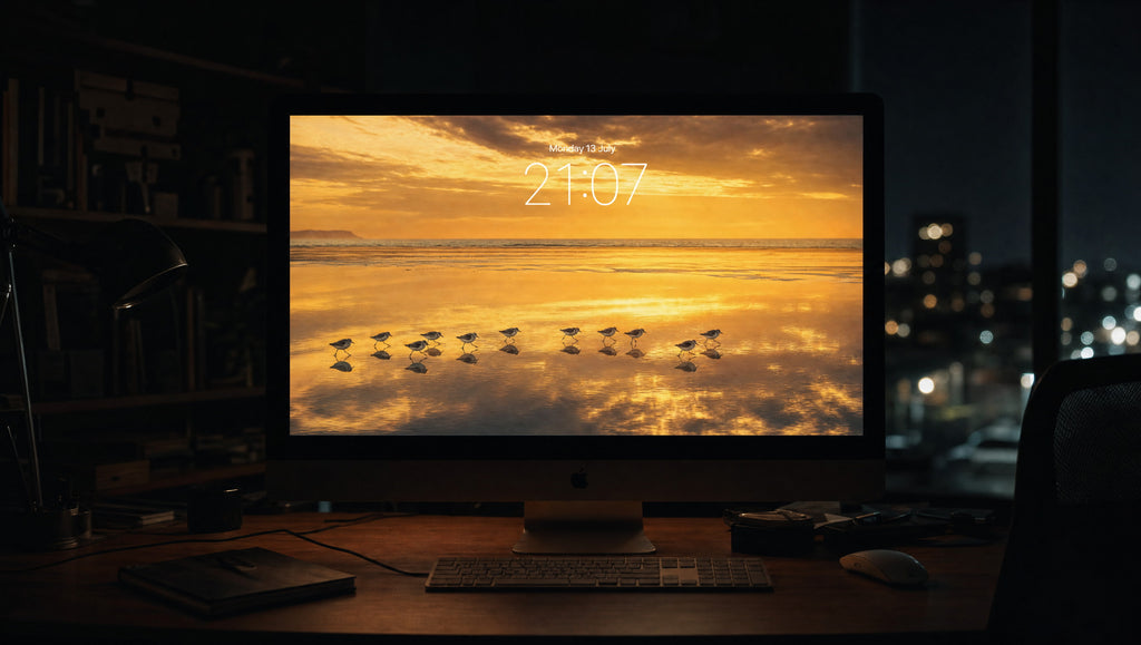 The Slow Tide wallpaper on a large display in a dark studio office at night