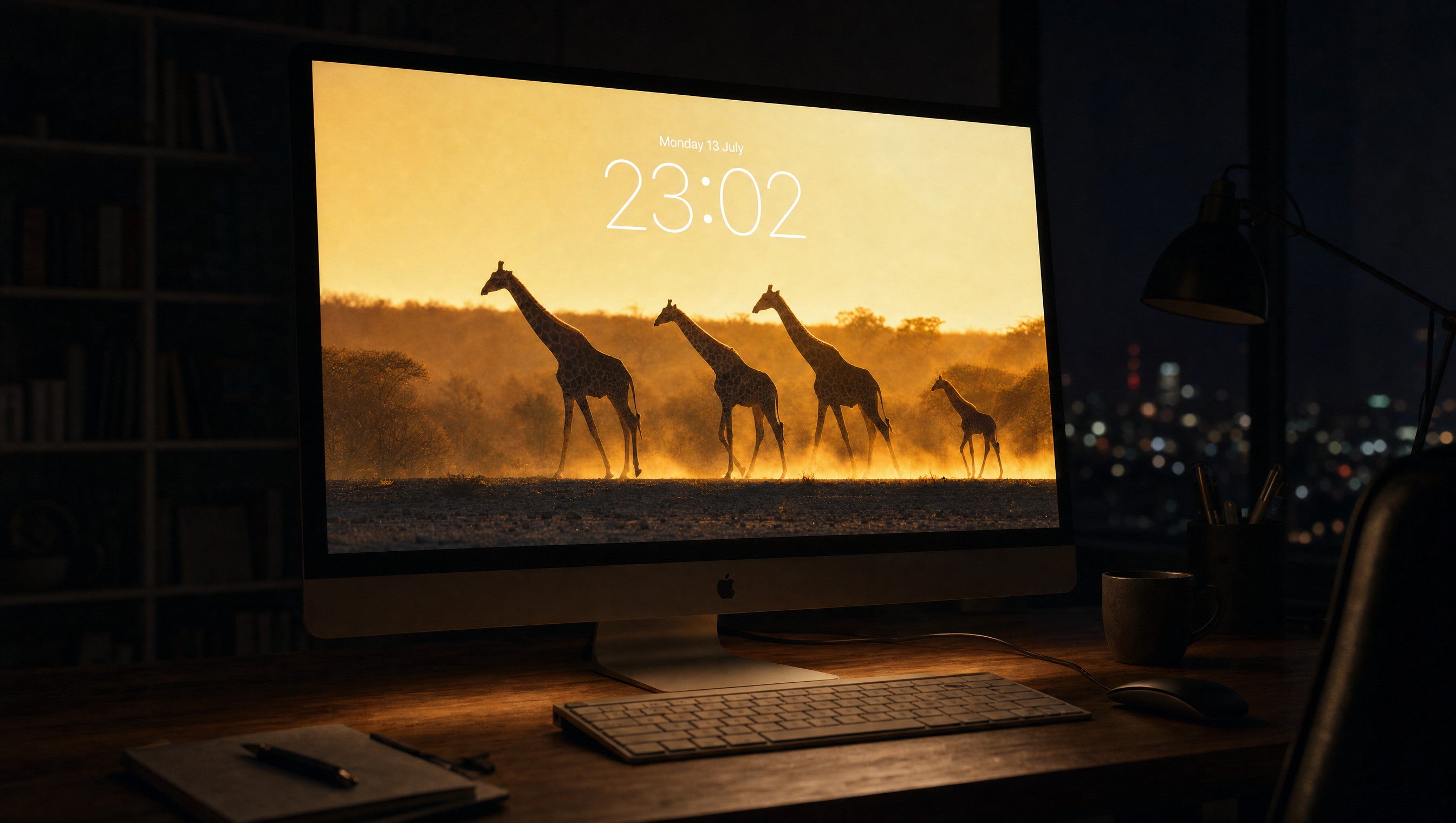 The Warm Wind wallpaper on a large display in a dark studio office at night