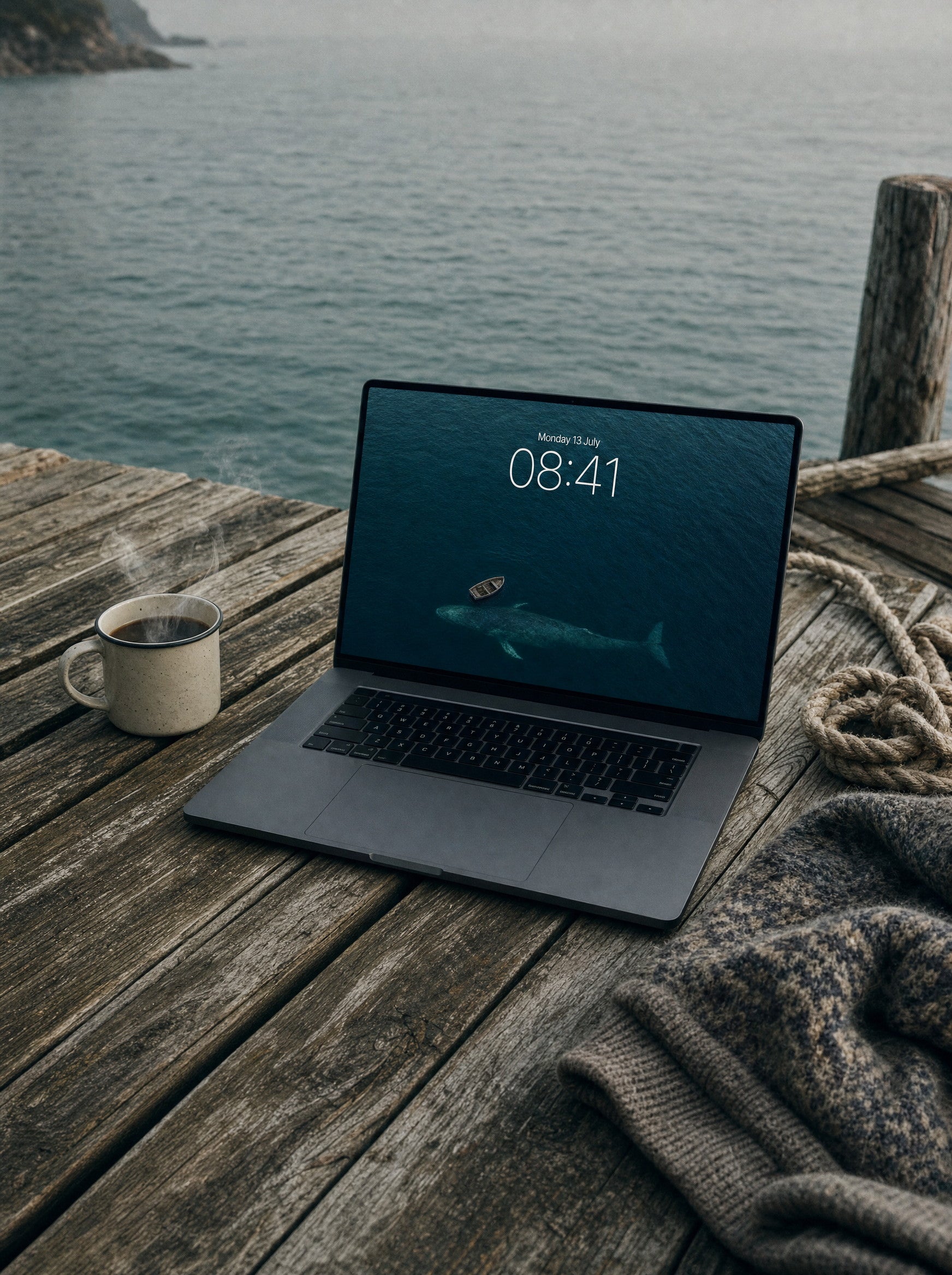 The Rowboat wallpaper on a MacBook Pro on a sea jetty at morning