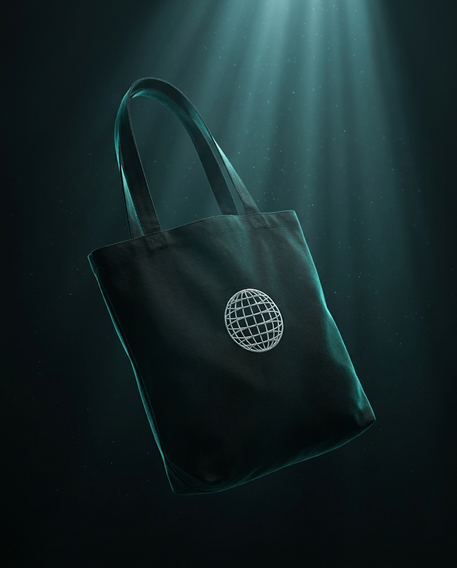 The Organic Tote — Black, floating in deep-ocean light, wireframe globe on the chest