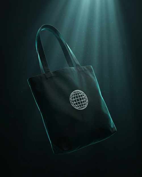 The Organic Tote — Black, floating in deep-ocean light, wireframe globe on the chest