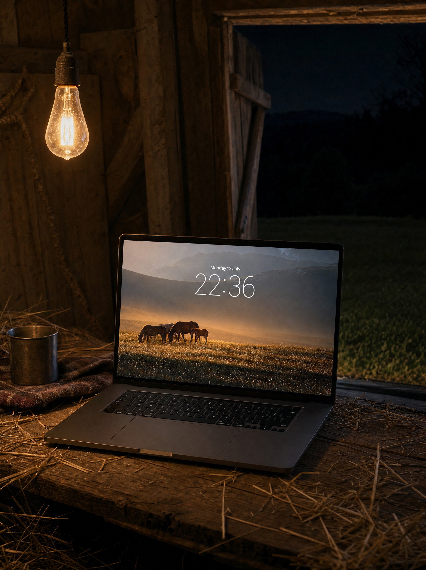 High Country wallpaper on a MacBook Pro in a hay-barn loft at night