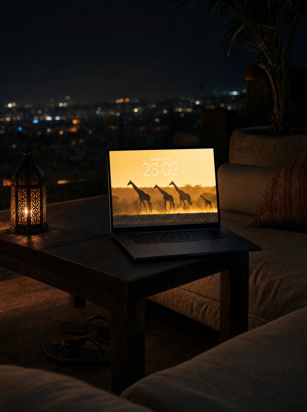 The Warm Wind wallpaper on a MacBook Pro on a rooftop terrace at night