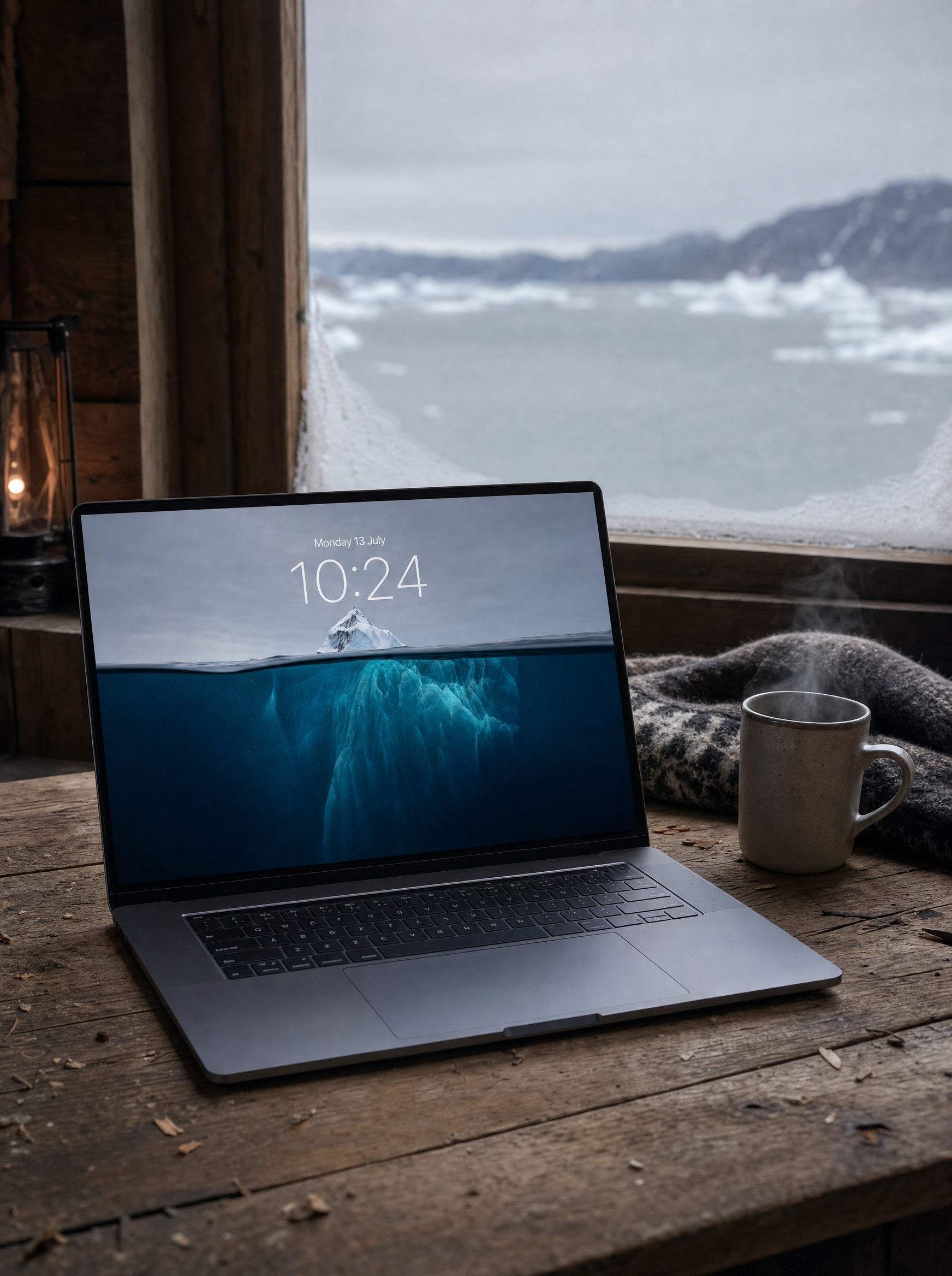 Beneath the Berg wallpaper on a MacBook Pro in a fjord-side cabin