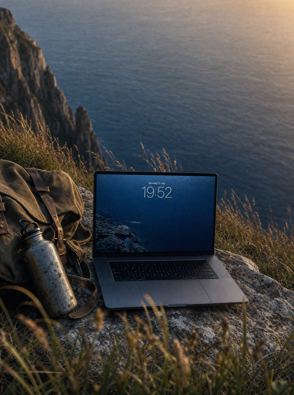The Drop-off wallpaper on a MacBook Pro at a clifftop overlooking the sea