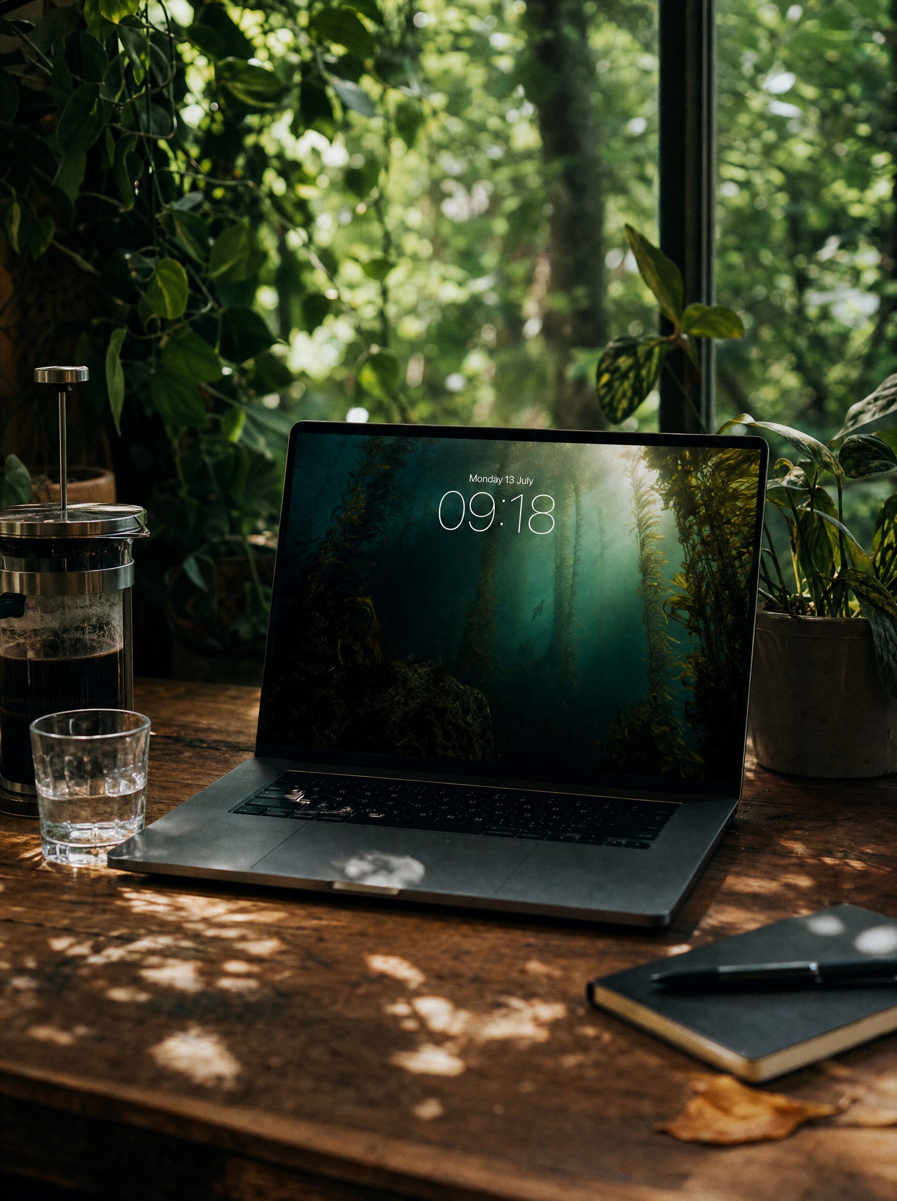 Kelp Cathedral wallpaper on a MacBook Pro in a plant-filled garden room