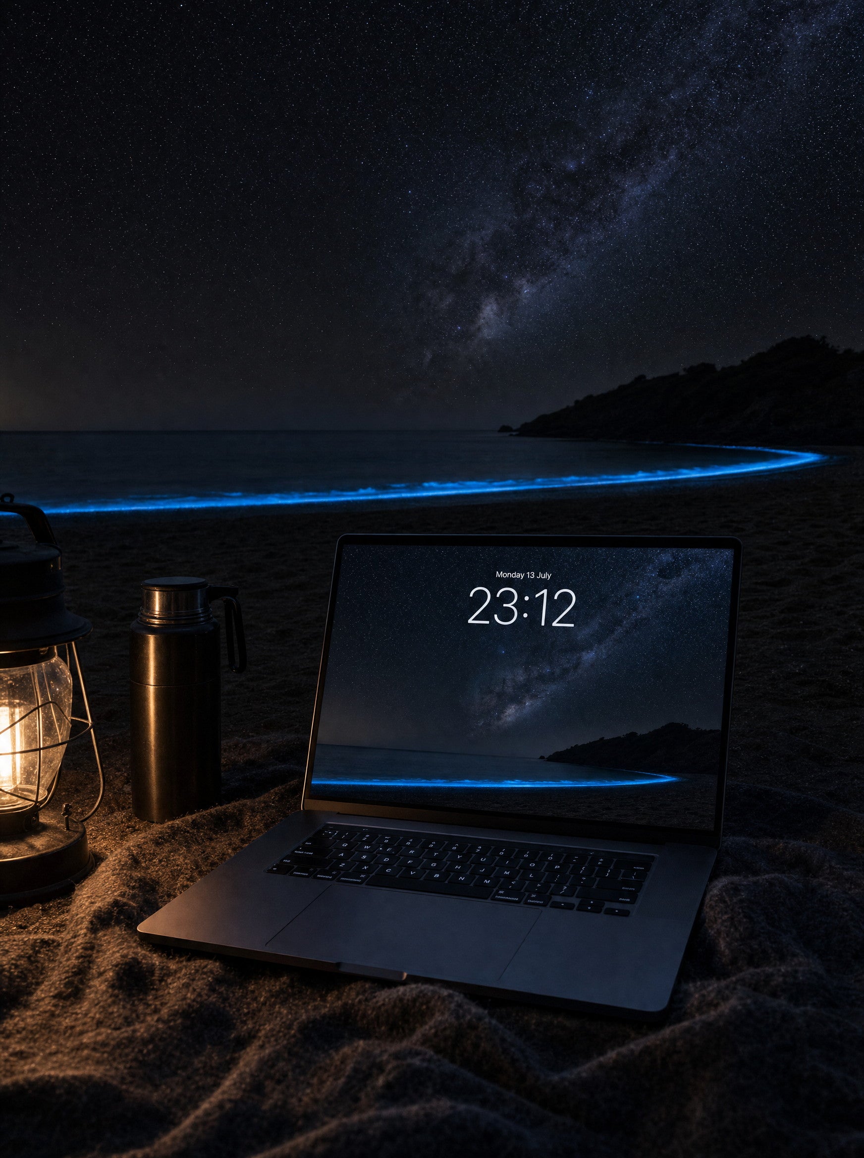 Lantern Sea wallpaper on a MacBook Pro on a beach at night